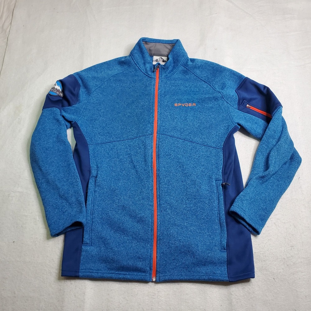 Spyder Mens Full Zip Sweater Fleece Jacket Blue Orange Trim Large